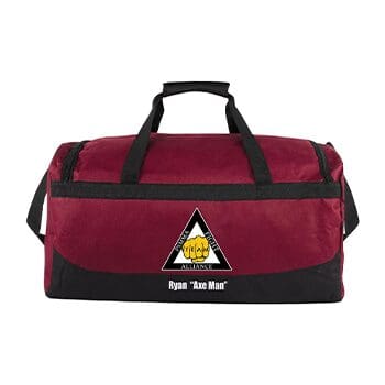 A red duffel bag with the logo of super mario bros.