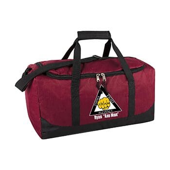 A red duffel bag with black trim and an image of a triangle.