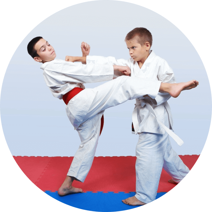 Two young men are practicing martial arts in a circle.