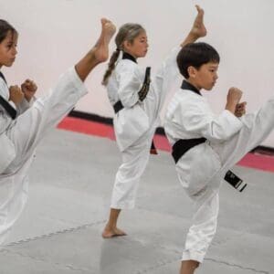 A group of kids practicing taekwondo in the gym.