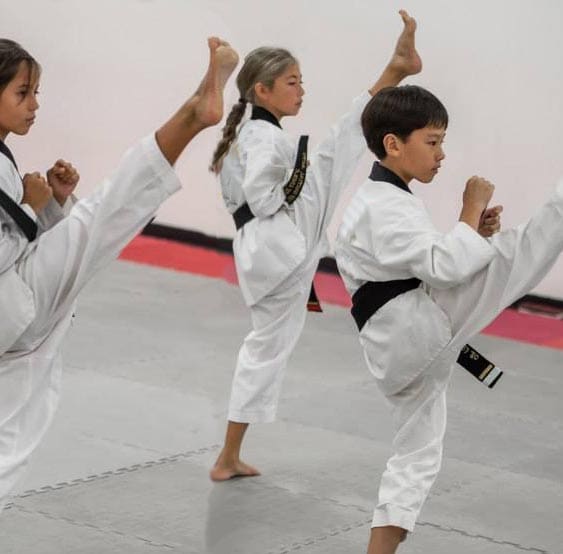 A group of kids practicing taekwondo in the gym.