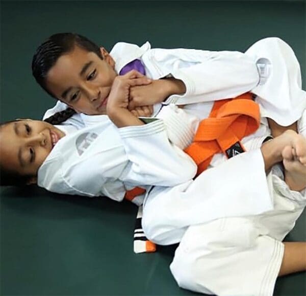 Two young children playing a game of judo.